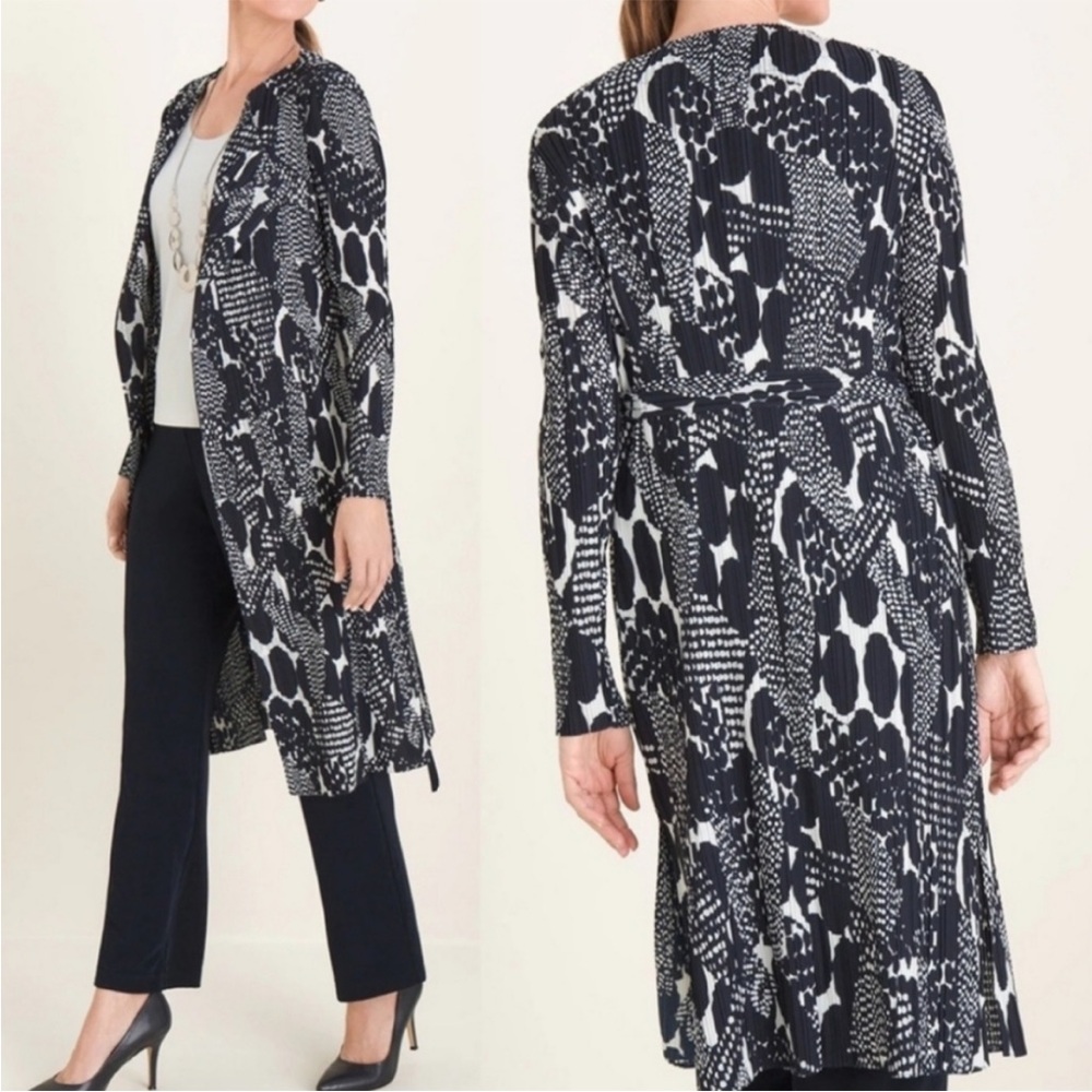 Chico’s Travelers Pleated Duster Cardigan Women’s Size M Crinkle Open Front Navy